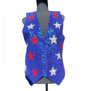 Fashion Fantasy Vintage 90s Vest Blue Sequin American Patriotic Stars Vest Sz S